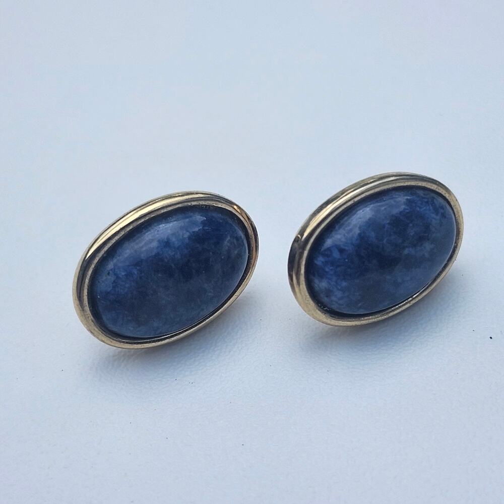 Blue Marbled Oval Cabochon Stud Earrings Gold Tone Post Costume Jewelry Retro